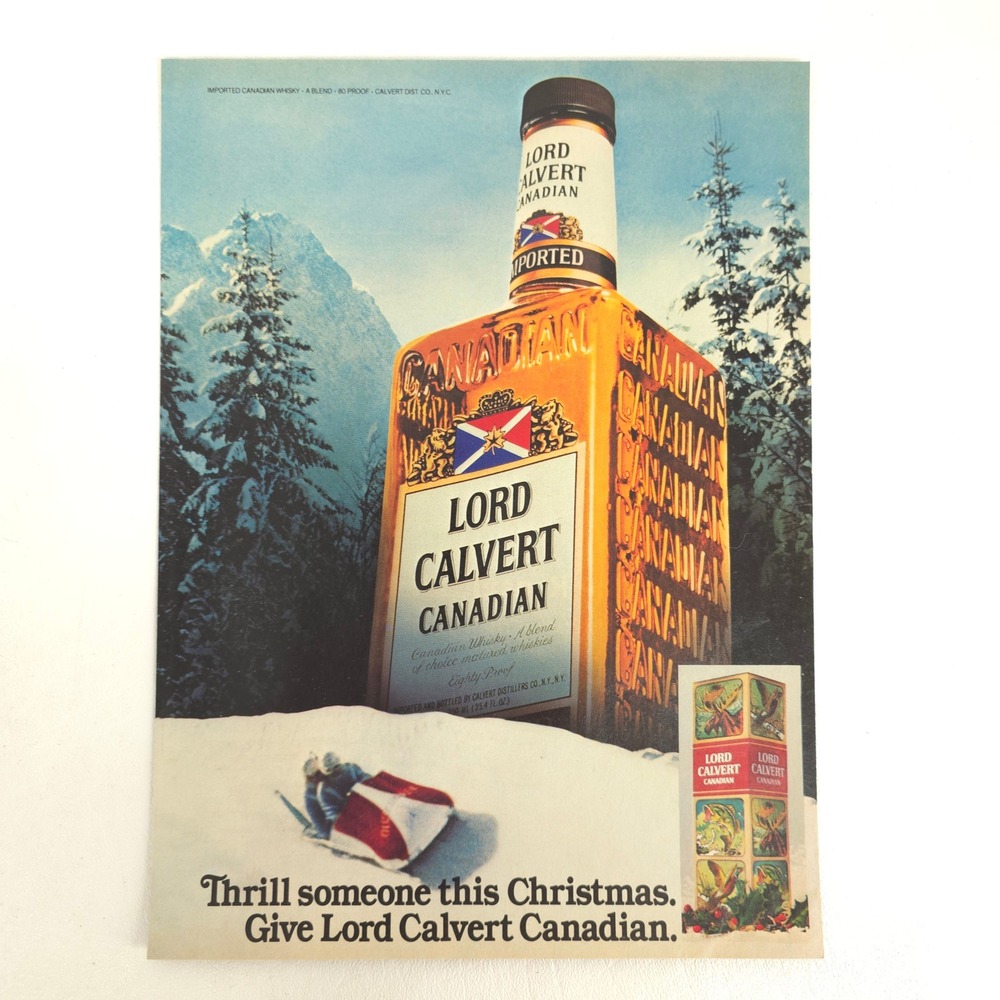 Lord Calvert Canadian Whisky 1980 Print Ad Christmas Snowmobile Home Bar Decor